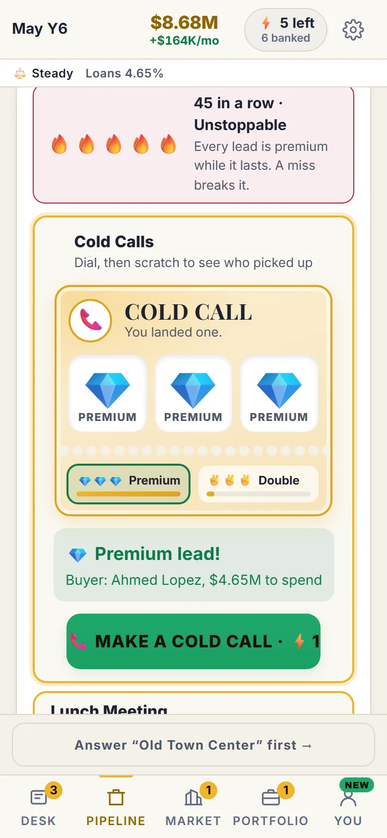 A cold call as a scratch-off ticket: three premium diamonds, a premium lead with $4.65M to spend