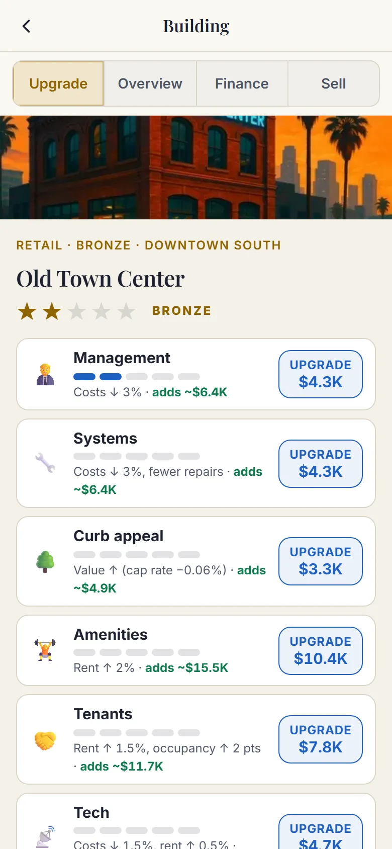 A building's six upgrade tracks with a price and the value each level adds